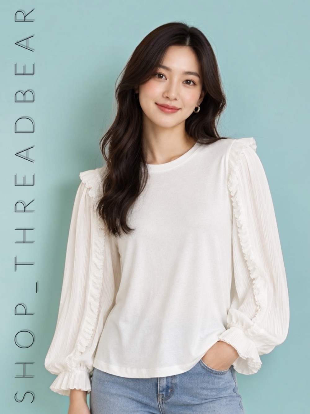 EUC [Elie Tahari] Ivory Ruffled Long Georgette Sleeves Femme Blouse Top | Small